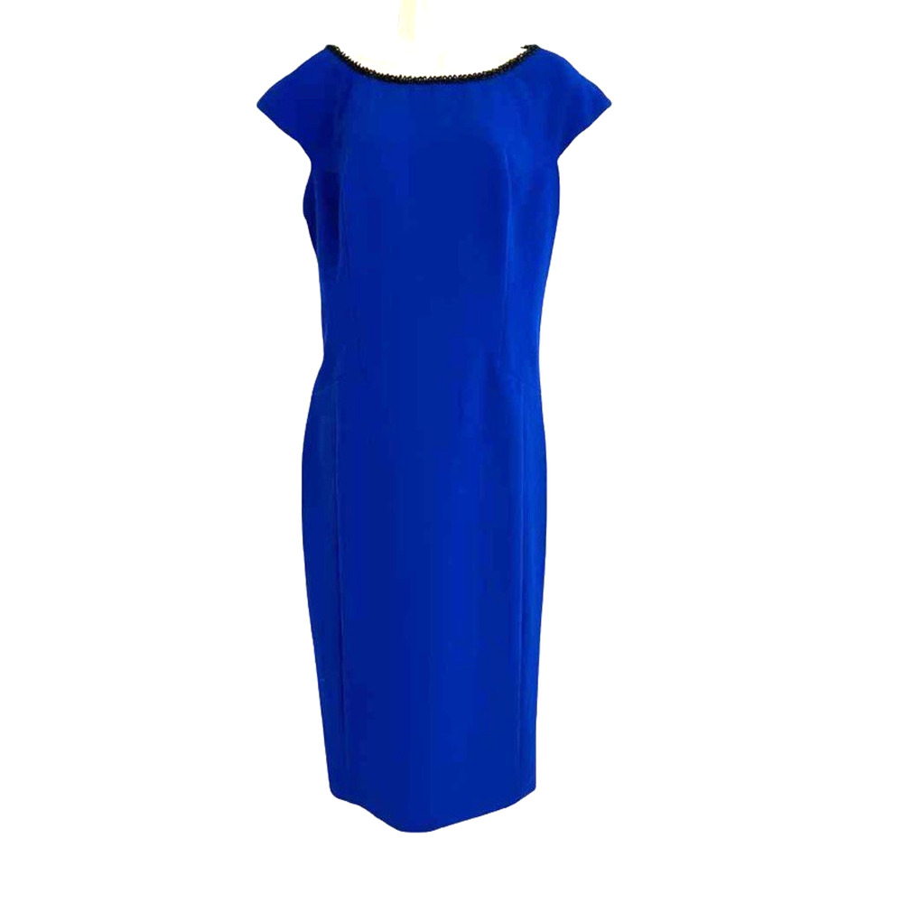 Nine West Sheath Beaded Neck Cap Sleeve Knee Length Cobalt Blue Dress sz 12